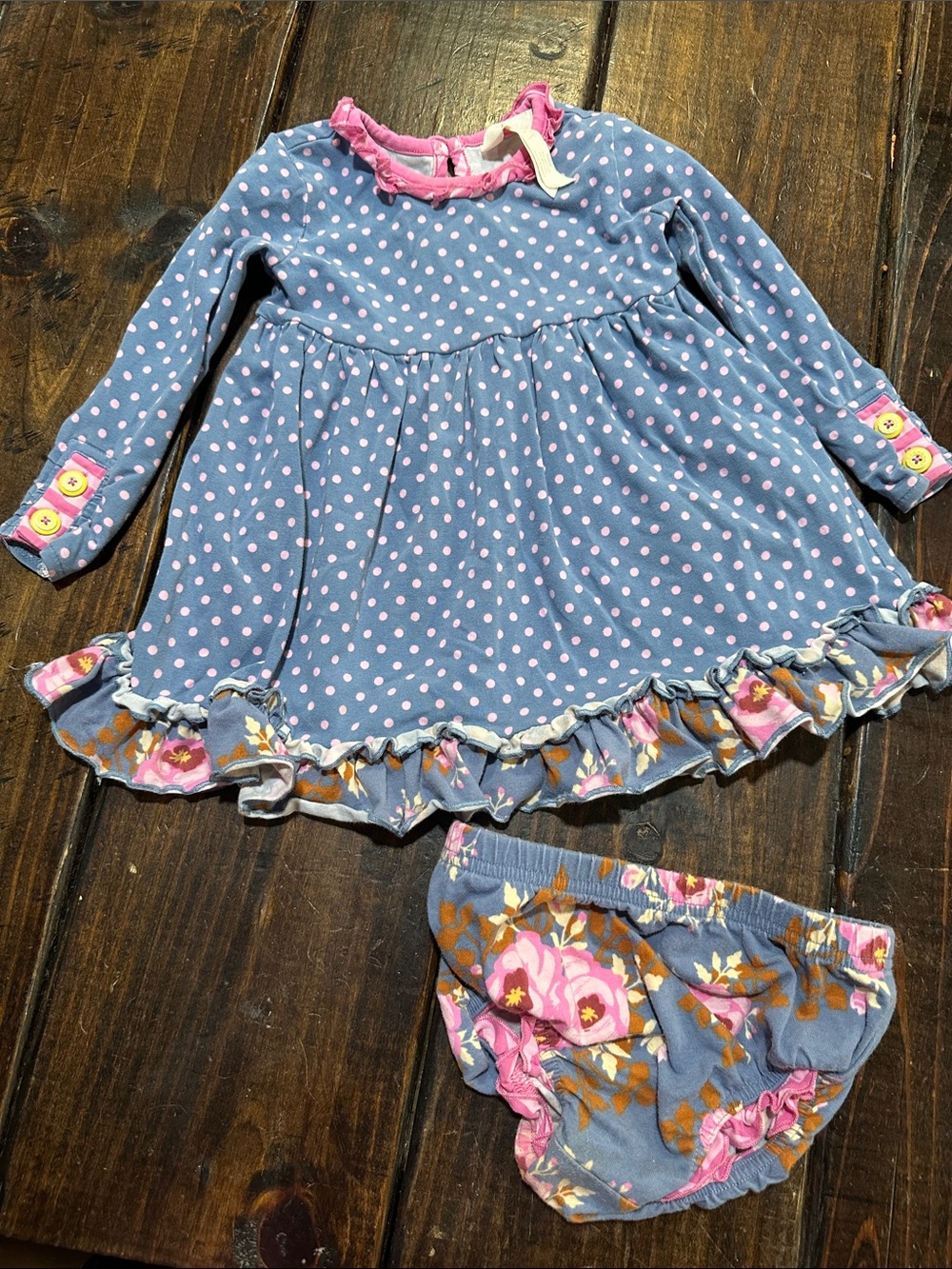 Girls Blue Polka Dot Dress with Pink Floral Trim - Kids Accessories